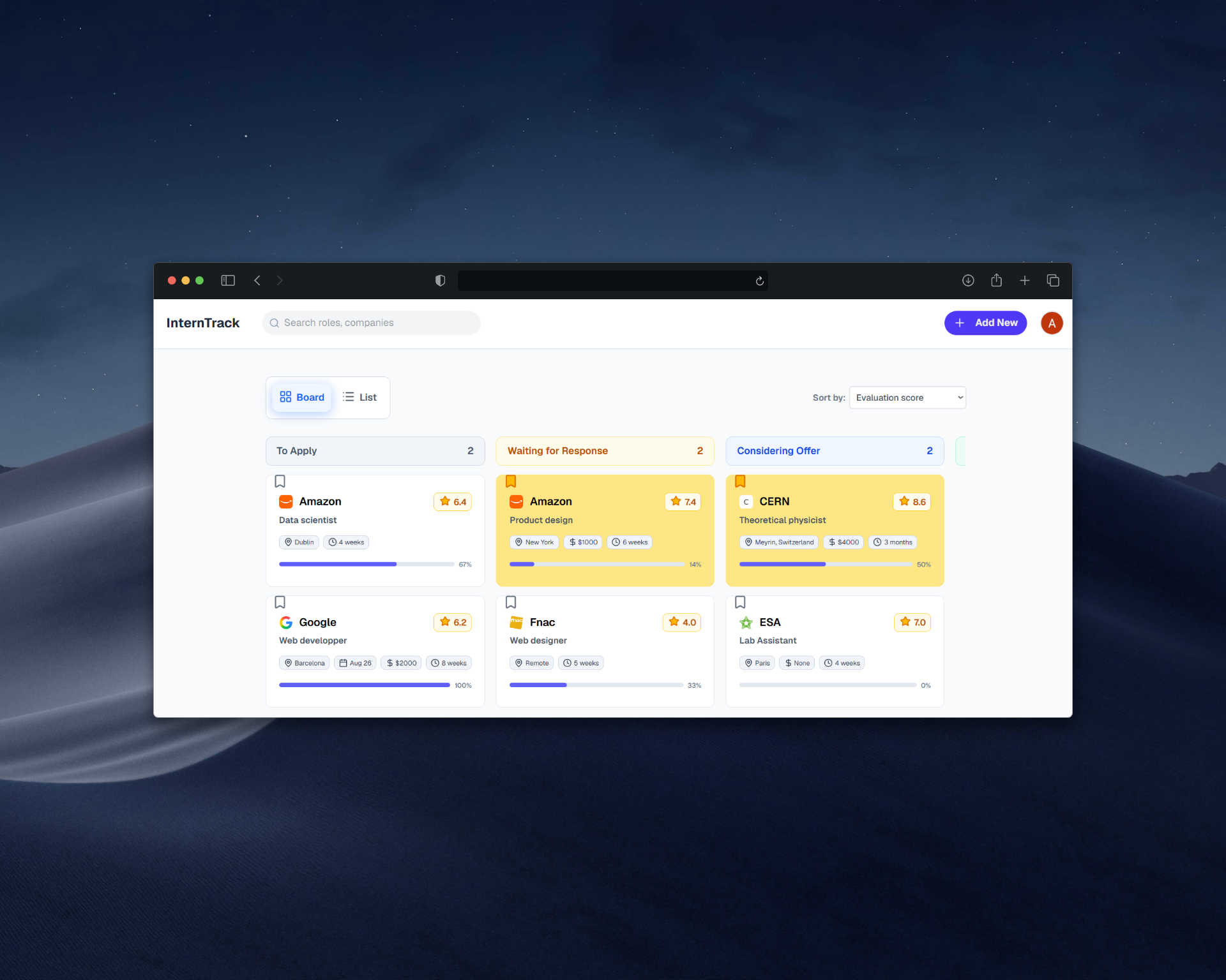 A web application that helps students track and evaluate their internship applications.